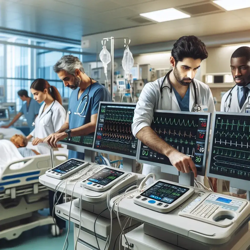 "Profesionales de la salud en hospitales vascos utilizando dispositivos de monitorización en tiempo real para pacientes en UCI, mejorando la atención médica y la tecnología sanitaria."