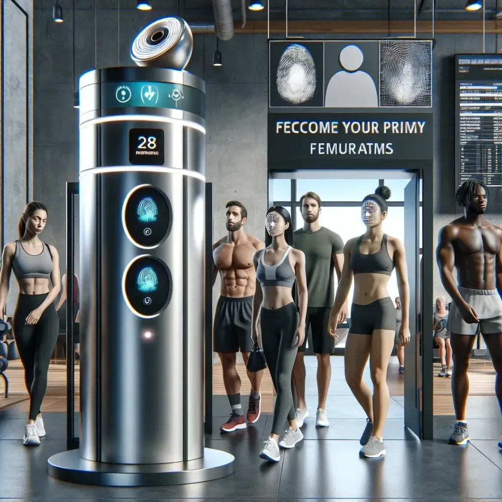 "Imagen de un gimnasio moderno con acceso biométrico sin contacto, destacando la tecnología de seguridad y cumplimiento con la normativa RGPD en el sector del fitness."