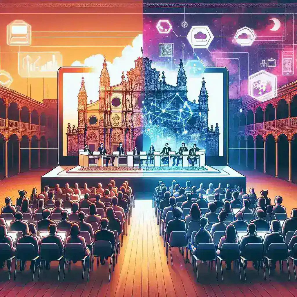 "Evento tecnológico híbrido en España, mostrando asistentes interactuando en un espacio físico mientras participan en streaming a través de dispositivos móviles y laptops."