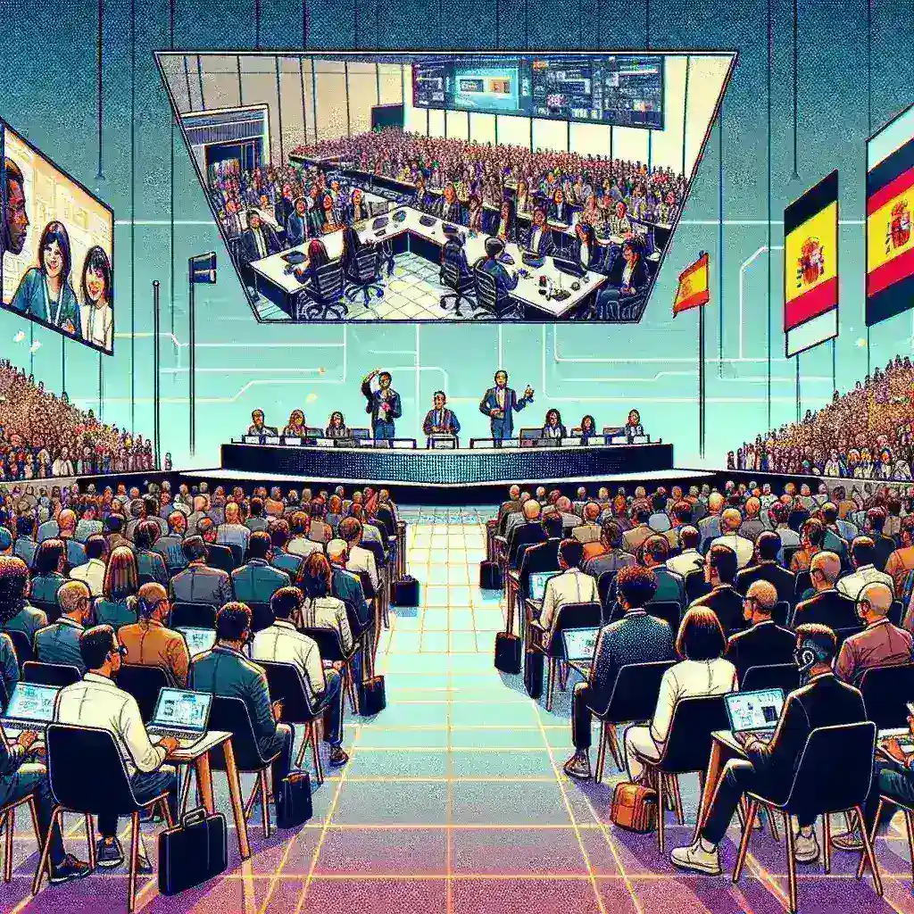 "Evento tecnológico híbrido en España con asistentes presenciales y participantes en streaming, mostrando una plataforma interactiva y exhibiciones en un entorno moderno."