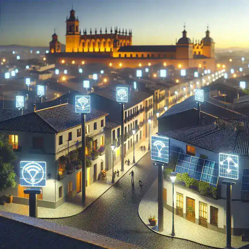 "Farolas solares conectadas con sensores IoT en una ciudad española, iluminando calles y mejorando la eficiencia energética."